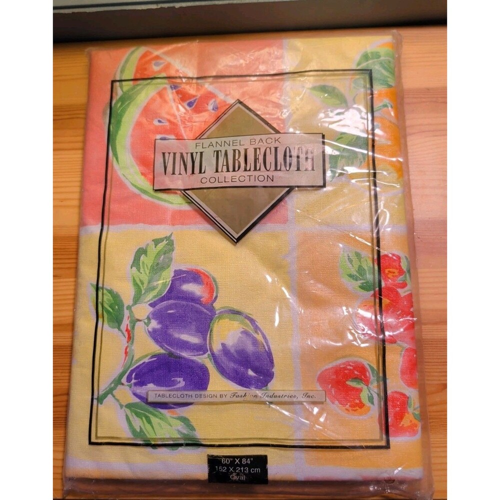 Vinyl Flannel Back  60" x 84" Tablecloth Oval Vintage Bright Retro Fruits NEW